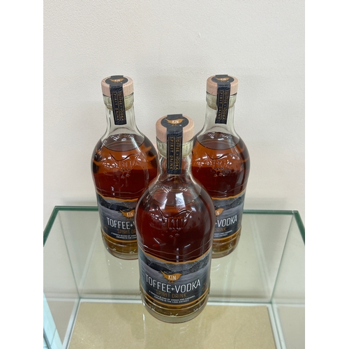 497 - 3 bottles of new and sealed Kin Vodka Toffee Vodka Spirit Drink 20.3% ABV- Vanilla and Toffee Premiu... 