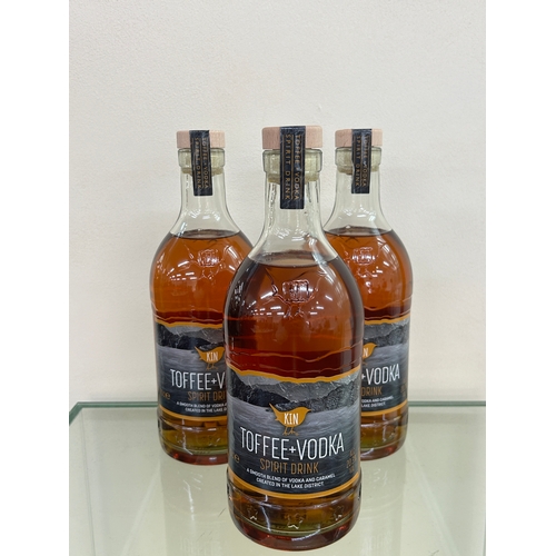 498 - 3 bottles of new and sealed Kin Vodka Toffee Vodka Spirit Drink 20.3% ABV- Vanilla and Toffee Premiu... 