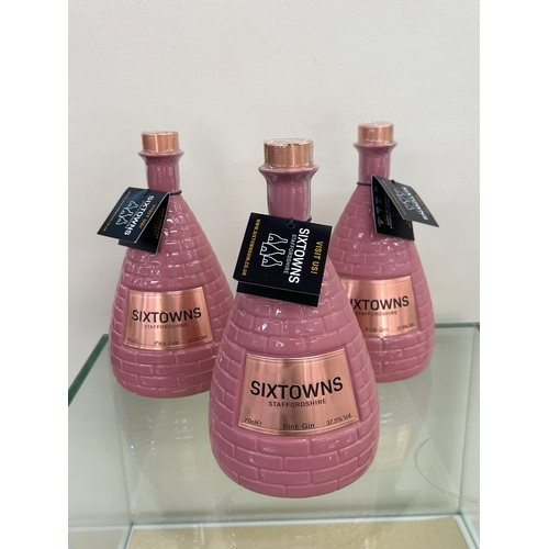 511 - 3 bottles of new and sealed Sixtowns Staffordshire Pink Gin  70cl Bottle |Baby Pink British Porcelai... 