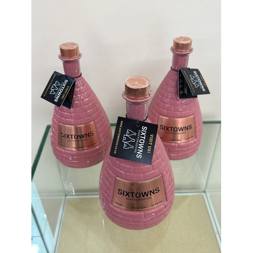 511 - 3 bottles of new and sealed Sixtowns Staffordshire Pink Gin  70cl Bottle |Baby Pink British Porcelai... 