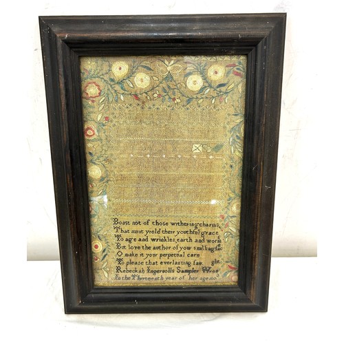 2 - Early framed sampler picture measures approx 15 inches by 11 inches