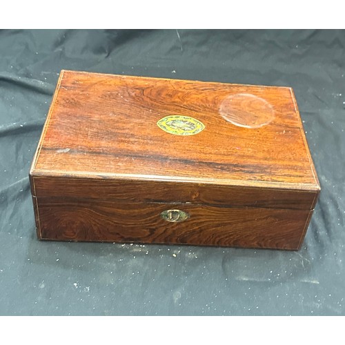 11 - Victorian rose wood writing box measures approx 5 inches tall by 14 inches wide and 9 deep