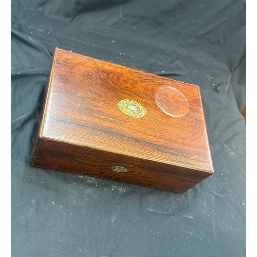 11 - Victorian rose wood writing box measures approx 5 inches tall by 14 inches wide and 9 deep