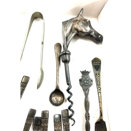 412 - Selection of metal ware includes silver plated ware, RHV and co cork screw etc