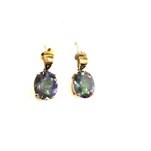 390 - Ladies 9ct Mystic topaz drop earrings, total weight 4.9grams