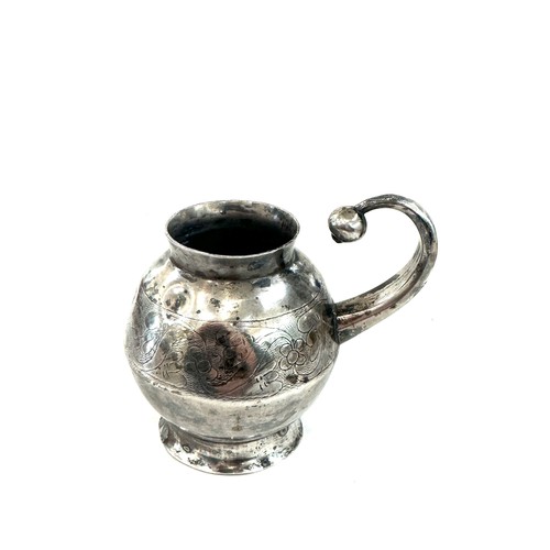 308 - Early unmarked globular silver mate cup, has been repaired previously, over height 7.5cm, C-shaped h... 