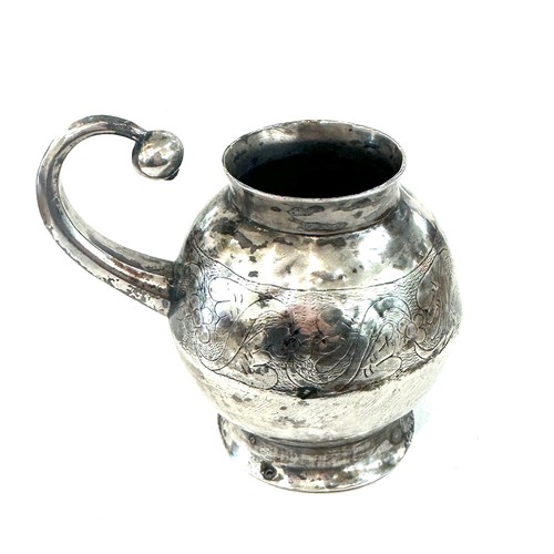 308 - Early unmarked globular silver mate cup, has been repaired previously, over height 7.5cm, C-shaped h... 