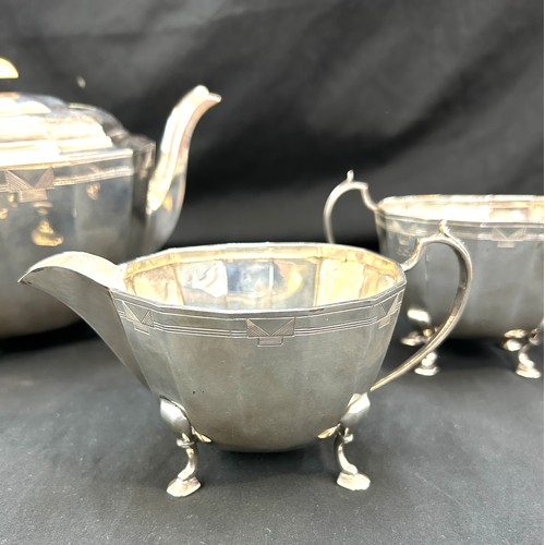 306 - Hallmarked Silver Art Deco 3 piece tea set, total approximate weight 925 grams makers mark P E & Son... 