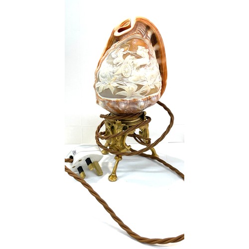 464 - Vintage Italian carved conch shell lamp, rewired, classical chariot scene