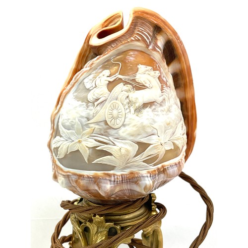 464 - Vintage Italian carved conch shell lamp, rewired, classical chariot scene