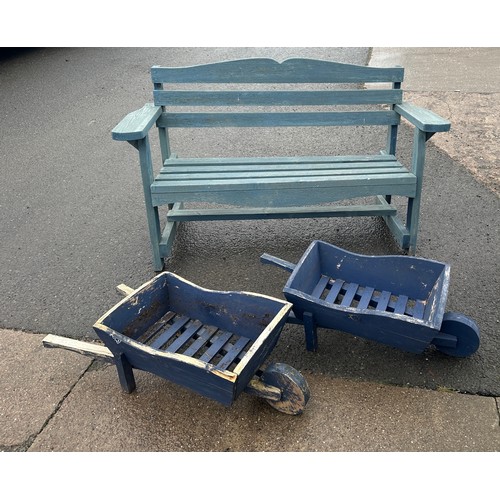 100B - Garden bench and two wheel barrow planters - bench in need of repair