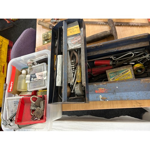 196 - Selection of tools includes tool box, saws, hammer, bolster, nuts bolts screws etc