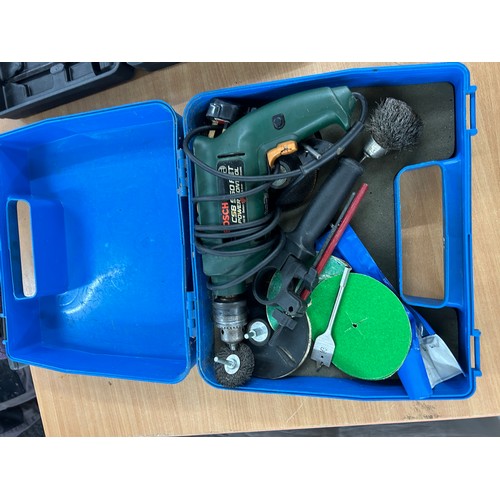 195 - Seelction of power tools includes bosch csv550, jcv Jigsaw, and a selection of drill bits etc