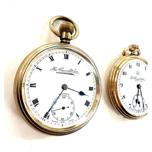 482 - 2 Vintage The russell London gold plated pocket watches, untested, one missing besel