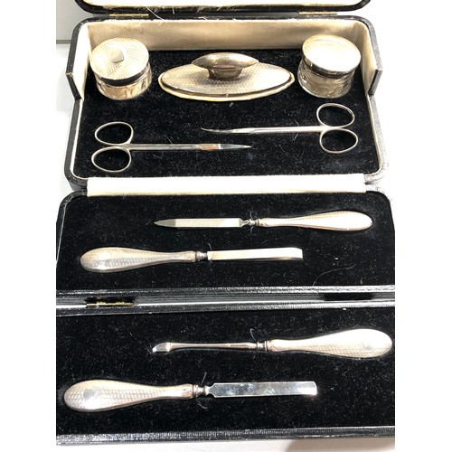 440 - Boxed Antique silver vanity nail set - buffer, nail files scissors and silver top pots sectional fol... 