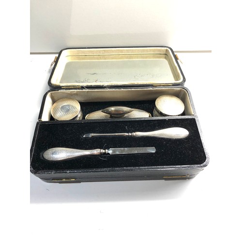 440 - Boxed Antique silver vanity nail set - buffer, nail files scissors and silver top pots sectional fol... 