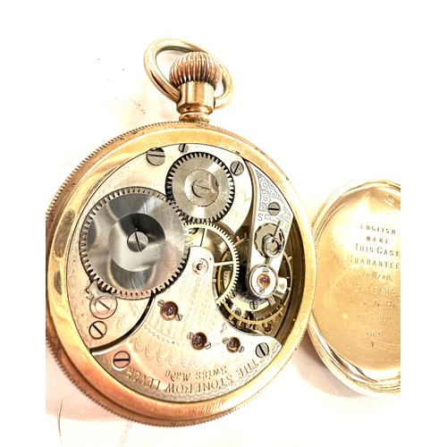 484 - the stone bow lever gold plated open face pocket watch, untested