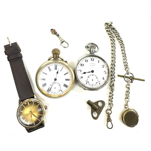 490 - Silver cased Goodwin pocket watch, a excalibur wrist watch, a albert chain and 1 other