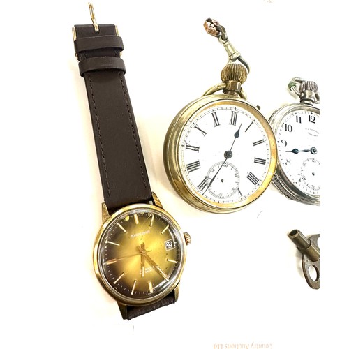 490 - Silver cased Goodwin pocket watch, a excalibur wrist watch, a albert chain and 1 other