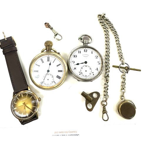 490 - Silver cased Goodwin pocket watch, a excalibur wrist watch, a albert chain and 1 other