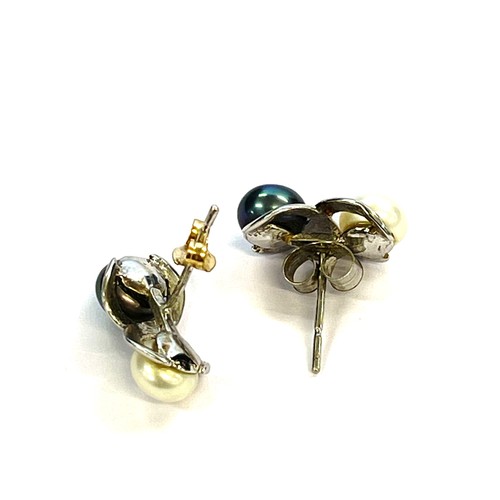 597 - 9ct white gold pearl & peacock pearl stud earrings - does not have matching backs