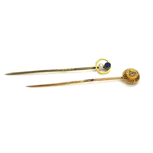 608 - 2 x 15ct gold topped antique gemstone and pearl stick pins