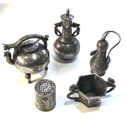 454 - Selection of 5 antique Chinese silver items includes oil bottles etc please see images for details l... 