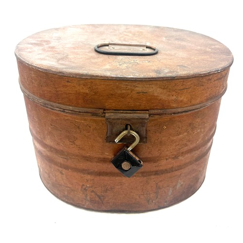 82 - Vintage metal hat box measures approximately 12 inches tall by 12 inches wide