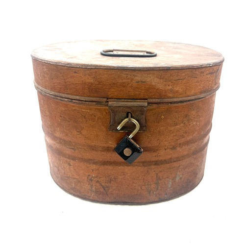 82 - Vintage metal hat box measures approximately 12 inches tall by 12 inches wide