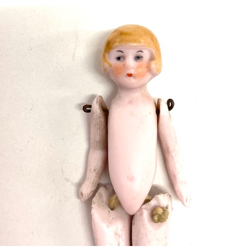 577 - Antique miniature German bisque doll blonde hair jointed doll, approximate height: 8.5cm, chips to t... 