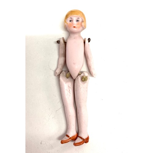 577 - Antique miniature German bisque doll blonde hair jointed doll, approximate height: 8.5cm, chips to t... 