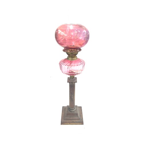 374 - Victorian nelson column base oil lamp with funnel and shade, height approximately