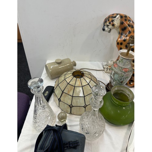 141 - Selection of porcelain and glass items to include a decanters, animal figure a/f etc