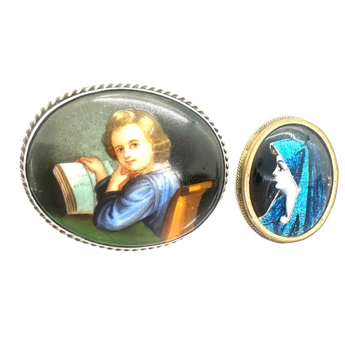 457 - Vintage Limoges enamel type brooch, the back marked PARIS together with a porcelain brooch