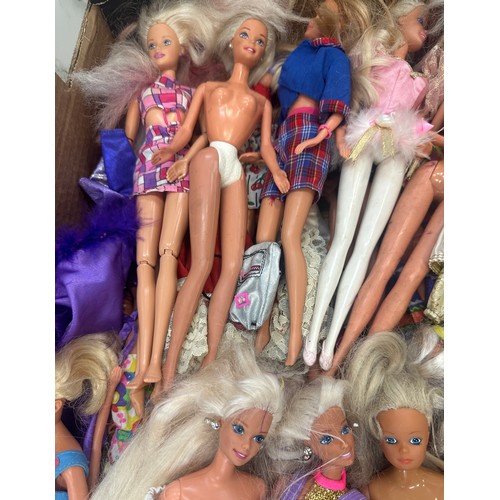 150 - 2 boxes of vintage dolls, including boxed Barbie, boxed Sindy, Tressy, Amanda Jane, Sheena etc