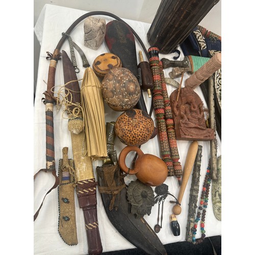 161 - 2 boxes of vintage and antique tribal items items to include Jambiya knife, beadwork knife, costumes... 