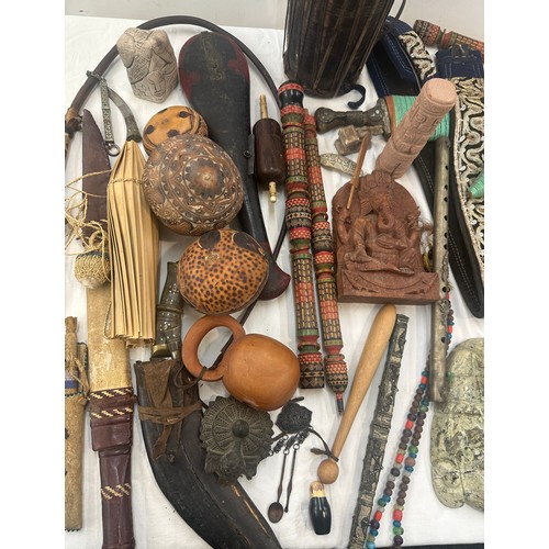 161 - 2 boxes of vintage and antique tribal items items to include Jambiya knife, beadwork knife, costumes... 