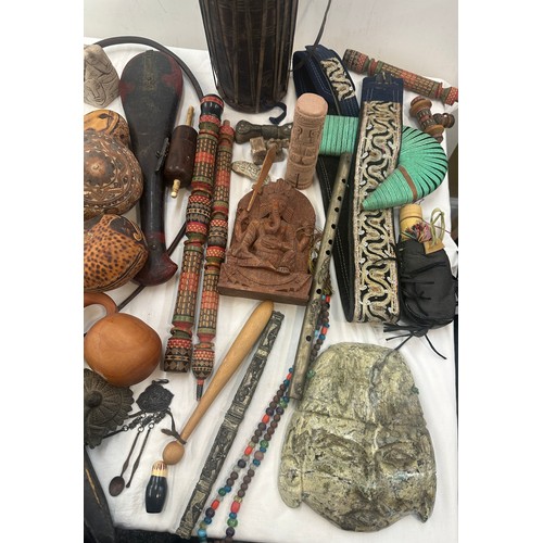 161 - 2 boxes of vintage and antique tribal items items to include Jambiya knife, beadwork knife, costumes... 