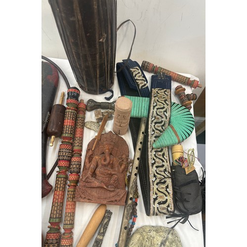 161 - 2 boxes of vintage and antique tribal items items to include Jambiya knife, beadwork knife, costumes... 