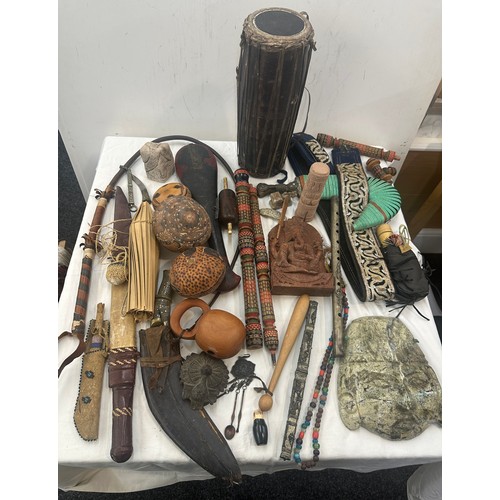 161 - 2 boxes of vintage and antique tribal items items to include Jambiya knife, beadwork knife, costumes... 