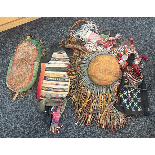 161 - 2 boxes of vintage and antique tribal items items to include Jambiya knife, beadwork knife, costumes... 