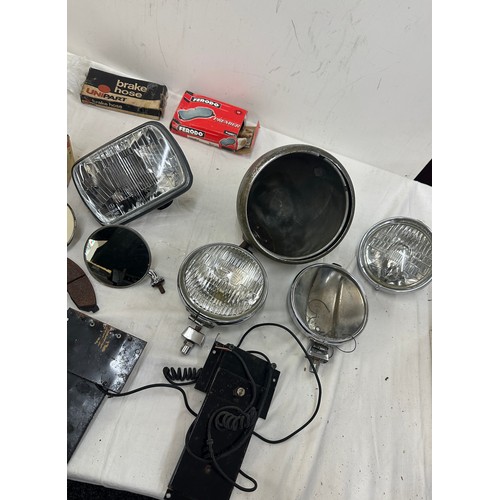 182 - Selection of vintage car head lights, mirrors, etc