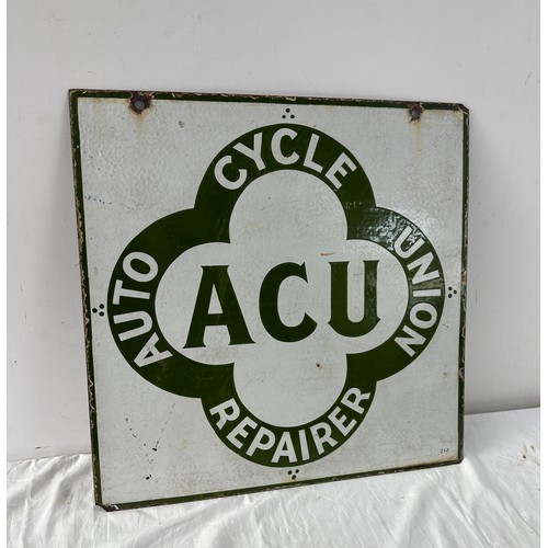 75 - Vintage SCU Auto Cycle Union repair double sided enamel sign 20 inches by 20 inches