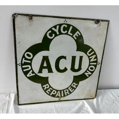 75 - Vintage SCU Auto Cycle Union repair double sided enamel sign 20 inches by 20 inches