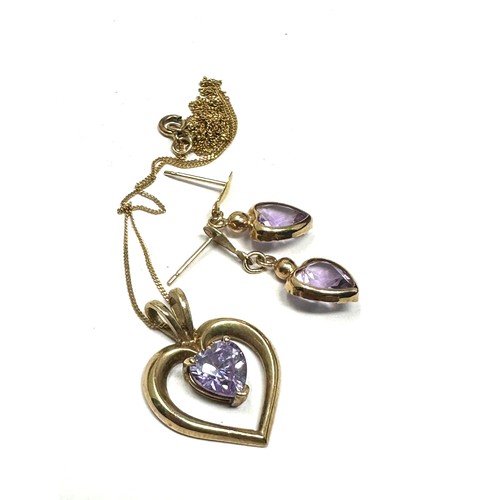 262 - 2 x 9ct gold amethyst & purple cz heart pendant necklace & earrings (2.5g)