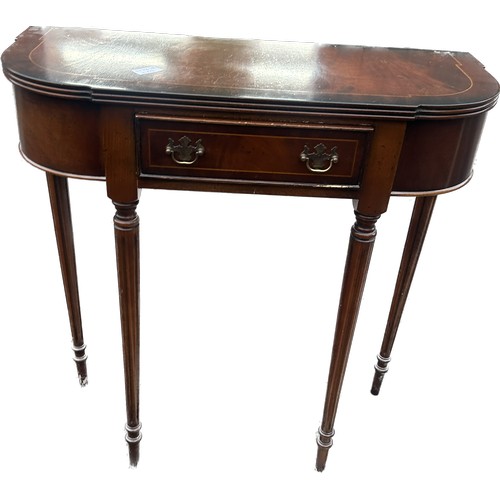 340 - Mahogany inlaid half moon hall table measures approximately 30 inches tall 29 inches wide 11.5 windh... 