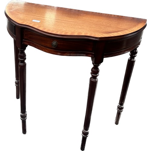 339 - Mahogany inlaid half moon hall table measures approximately 30 inches tall 32 inches wide 16 inches ... 