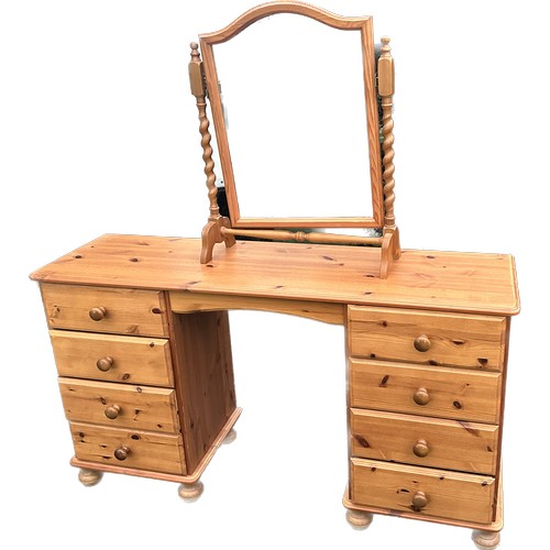 341 - Pine knee hole dressing table with 8 drawers and barley twist swing mirror 29 inches tall 52 inches ... 