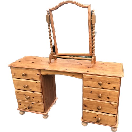 341 - Pine knee hole dressing table with 8 drawers and barley twist swing mirror 29 inches tall 52 inches ... 