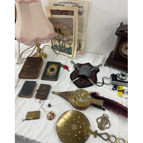 249 - Selection of collectables includes silver thimble, clock, books etc